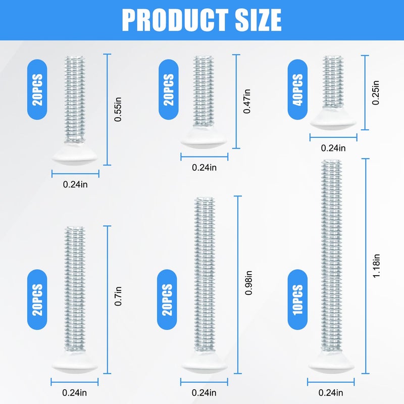 Quadafy 130 Pack White Outlet Screws 6-32 Thread, Wall Plate Screws for Electrical Cover Panel and Switch Plate, Includes Long Outlet Screws in 6 Sizes (3/8", 9/16", 3/4", 1", 1/2", 1-1/4") (White) - Image 2